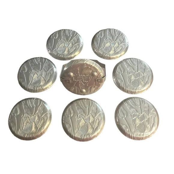 VINTAGE MCM Mid-Century Embossed Aluminum Tulip Floral Coaster Set of 8 w/Holder - Picture 7 of 7